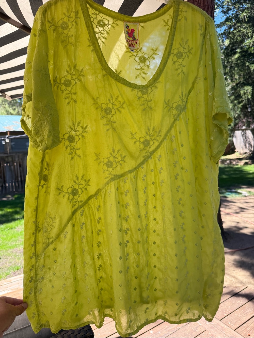 Johnny Was Lime Green Embroidered Sheer V-Neck Tunic